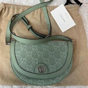 GUCCI Denim GG Monogram Calfskin Mini Ophidia Flap Shoulder Bag in Pale Green